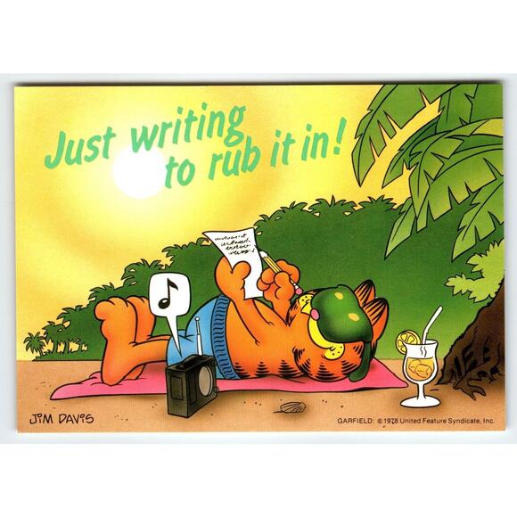 Garfield Just Writing To Rub It In Postcard Signed Jim Davis Comic Cat 1978 - Picture 1 of 2
